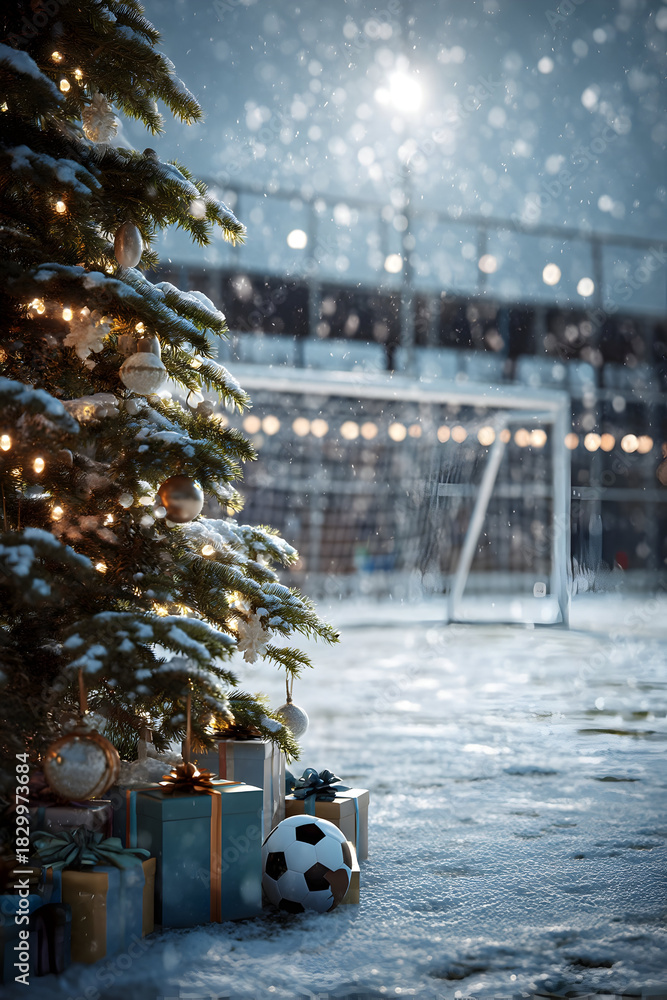 Obraz premium Christmas tree closeup with gifts on snowy soccer field, goal in background, snowfall and sun. Concept of resting soccer field during Christmas time.