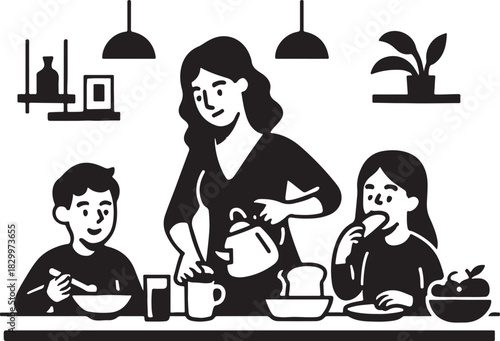 Mom serves kids breakfast at home table, family bonding moment