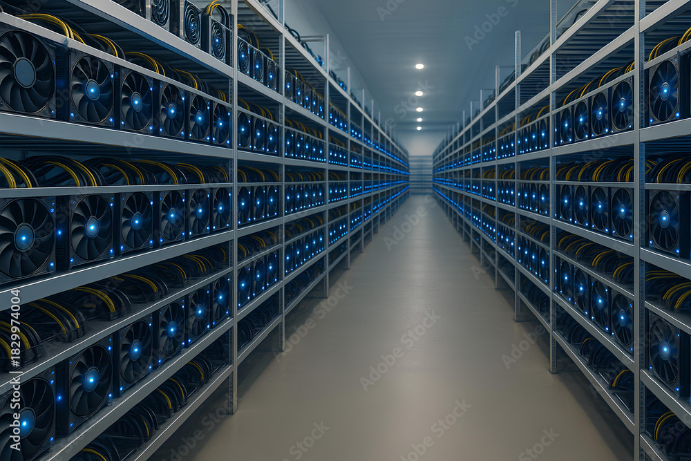 Obraz premium Wide shot of a large GPU mining farm with rows of illuminated hardware racks computing blockchain data