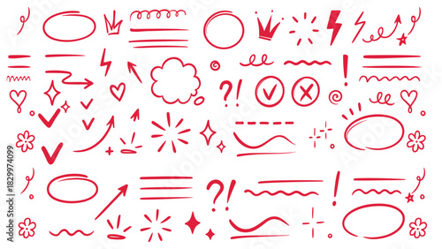 Red Hand Drawn Doodle Elements and Social Media Icons Set