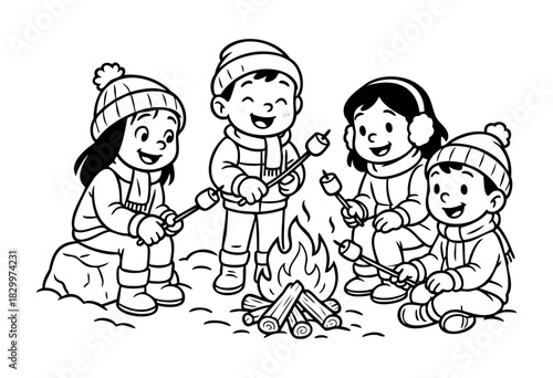 Four happy children wearing winter clothes roasting marshmallows over a warm campfire, enjoying a joyful winter outdoor activity.