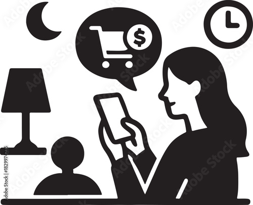 Mobile shopping at night, a woman buys online with smartphone