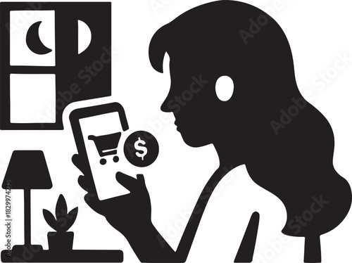 Night mobile shopping for woman using smartphone e-commerce app