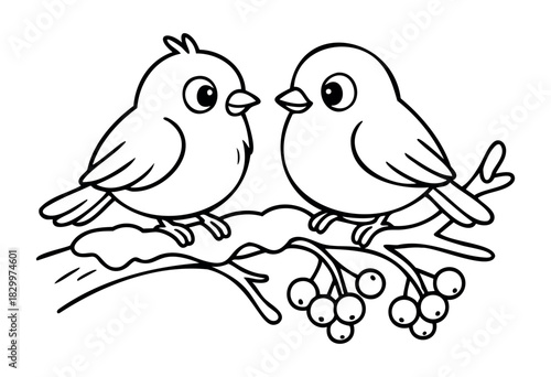 Two cute cartoon birds, drawn in outline style, sit on a branch adorned with leaves and berries, looking at each other with cheerful expressions.