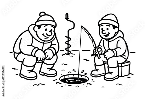 Two cartoon men are engaged in ice fishing on a frozen surface, one kneeling and the other sitting on a box, featuring an ice hole, a fishing rod, and an ice auger.