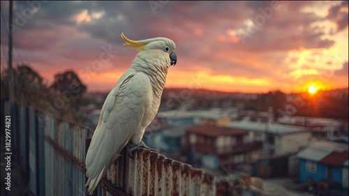 A white cockatoo perches on a rusted fence overlooking a cityscape at sunset. The sky is filled with clouds and warm colors.
