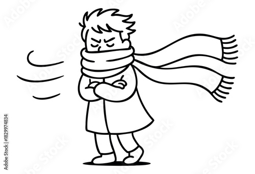A cartoon character stands bundled in a coat and scarf, hunched over and shivering from the cold wind, rendered in black outline style, isolated on a white background.
