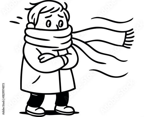 A cartoon character stands bundled in a coat and scarf, hunched over and shivering from the cold wind, rendered in black outline style, isolated on a white background.