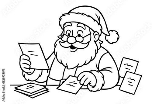 Santa Claus: a cheerful character in line art style, diligently reading and sorting numerous children's wish letters for Christmas.