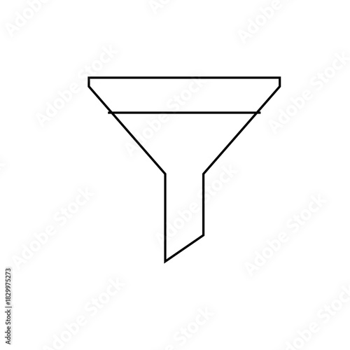 Illustration of a simple black outline of a funnel with a wide top and a narrow angled spout shape
