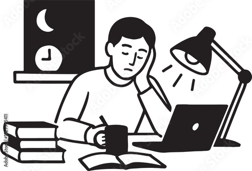 Tired student studying late at night with laptop and books on desk