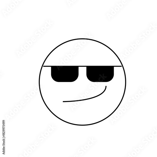 A simple line drawing of a cool smiley face with black sunglasses and a slight smirk on a white background