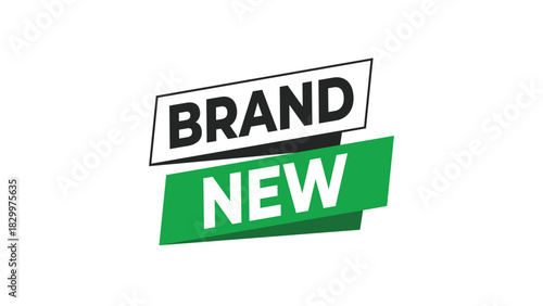 Brand new marketing label design, a vibrant graphic element featuring bold black text on white and contrasting white text on green. Vector