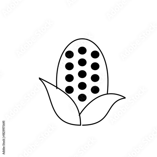 Illustration of an ear of corn with kernels and leaves, depicted in a simple black and white style