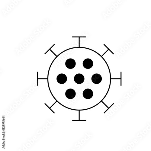 Illustration of a round virus cell with seven black circles inside and six t shaped spikes around