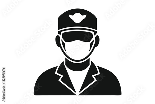 silhouette shows pilot in uniform, covering his face with mask