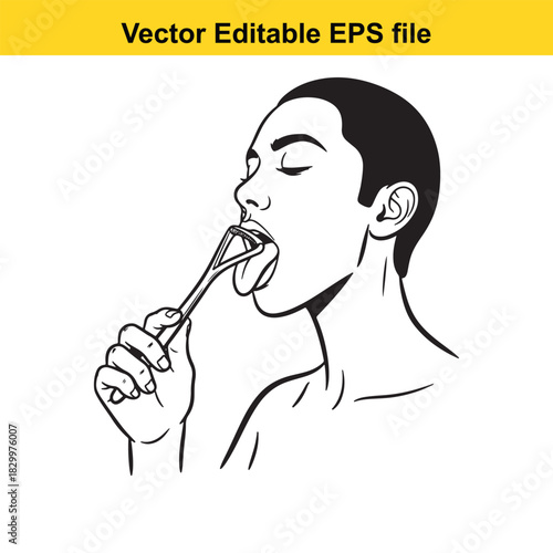Black and white vector illustration of a person using a tongue scraper to clean their tongue for fresh breath and oral hygiene, isolated on white background