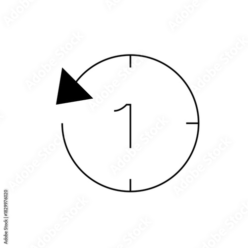 Clockwise arrow circling a clock face with a single line representing the number one in the center