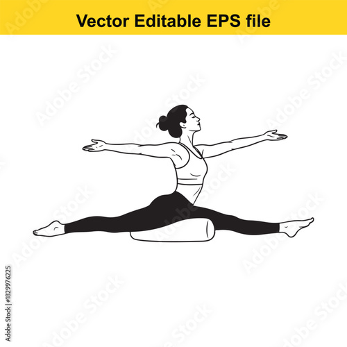 Black and white line art vector illustration of a woman practicing yoga performing a full split or hanumanasana pose supported by a bolster, isolated on white background
