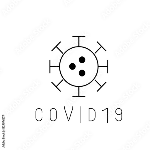 Illustration of a covid virus cell with spikes and three internal dots above the text covid nineteen