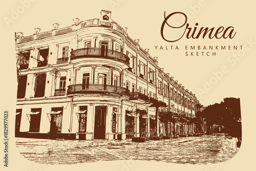 City ancient architecture, Crimea. Yalta embankment with classical building. Vintage brown and beige graphics, engraved, vector. Old retro design.