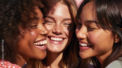 Three diverse women smiling together. One has curly brown hair, one has straight blonde hair, and one has straight black hair. They are enjoying a joyful moment.