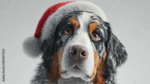 A Bernese Mountain Dog wearing a red Santa hat. The dog has a fluffy coat with black, white, and brown colors. It has expressive brown eyes and a friendly demeanor.