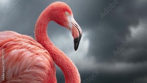 A close-up of a pink flamingo with a curved neck and black beak. The background features dark, cloudy skies, creating a dramatic atmosphere.