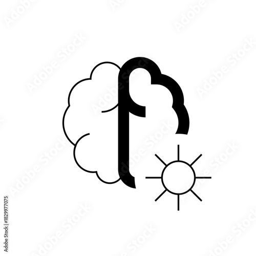 Stylized brain with a bold vertical line intersecting it and a sunburst icon to the right side
