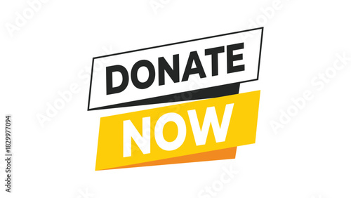 Donate now banner graphic with bold text on a white background, representing charity, giving, fundraising and support initiatives. Vector