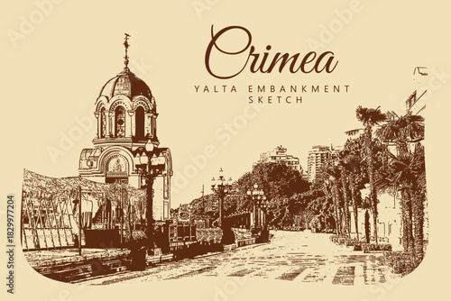 City ancient architecture, Crimea. Yalta embankment with church, palm trees and buildings. Vintage brown and beige graphics, engraved, vector. Old retro design.