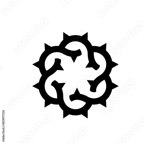 Black and white graphic design featuring a circular pattern with thorn like projections around the edge