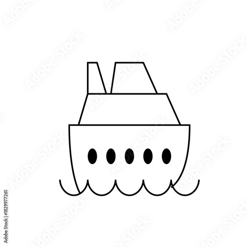 Illustration of a simple black and white cruise ship with visible portholes on wavy water line