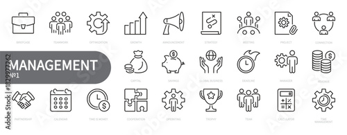Management icon set. Business, teamwork, partnership, strategy, meeting, growth, manager, capital, team, revenue, savings, connection, deadline, briefcase, etc. Vector illustration. Editable stroke.