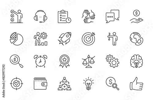 Management icon set. Business, money, focus, launch, goal, profit, development, brainstorming, social media, support, communication, idea, mutual help, etc. Vector illustration. Editable stroke.