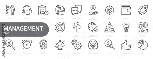 Management icon set. Business, money, focus, launch, goal, profit, development, brainstorming, social media, support, communication, idea, mutual help, etc. Vector illustration. Editable stroke.