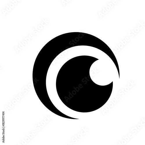 Abstract depiction of a stylized eye with a crescent shape and circular pupil in black and white