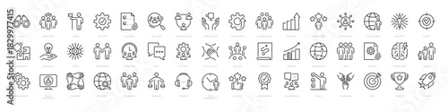 Teamwork big icon set. Leader, vision, optimization, business, team, target, strategy, growth, brainstorm, career, development, success, goal, meeting, goal, etc. Vector illustration. Editable stroke.