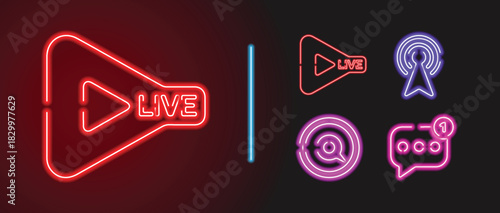Neon LIVE Button Icon Set in Multiple Colors on Dark Background, Neon live stream icon, outline logo and symbol