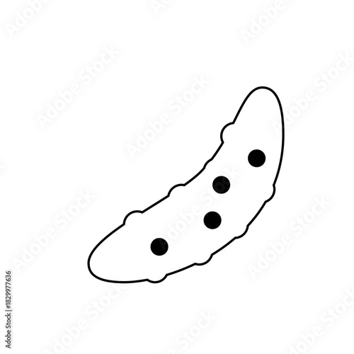 Outline drawing of a pickle with bumpy texture and four black dots arranged down the center shape