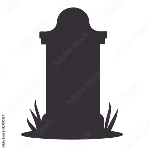 Illustration of a dark gray tombstone with grass growing around it on a white background scene design
