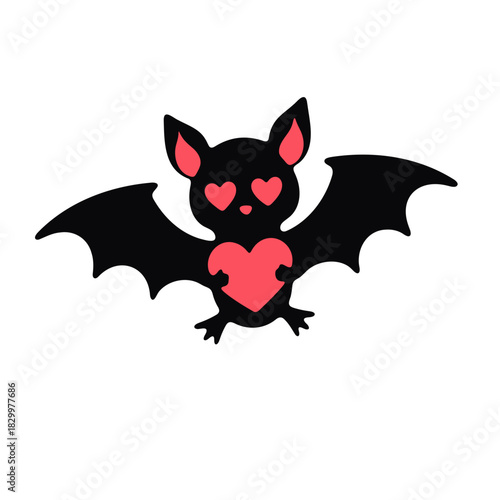 Illustration of a cartoon bat with heart eyes holding a heart in its hands with wings spread out