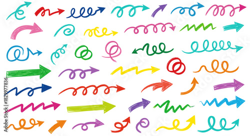 Colorful hand-drawn arrows with crayon texture, diverse styles: wavy, spiral, straight, curved shapes, pointing in multiple directions.