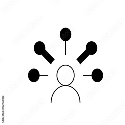 Simple black and white icon representing a person being interviewed or facing multiple media microphones for press