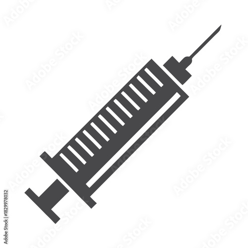 Single monochrome hypodermic syringe features stark, bold outlines against a clean, bright off white backdrop