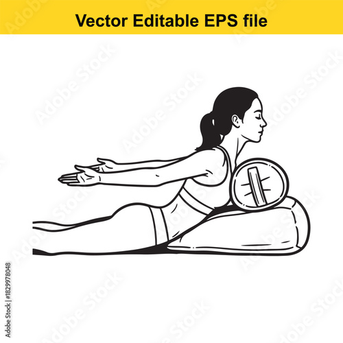 Line art drawing of a woman performing a yoga backbend exercise using a bolster pillow for support, isolated on white background
