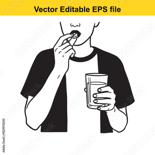 Close up of person taking a pill or tablet with a glass of water, vector editable eps file, isolated on white background