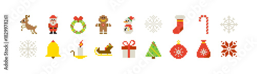 Pixel Christmas Icons Set. Vector Illustration of 8 Bit Design. Embroidery Isolated Objects on a White Background. Retro Computer Game. Simple Mosaics and Cross Stitch.