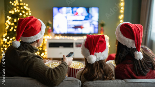 Family watching television wearing santa hats with popcorn