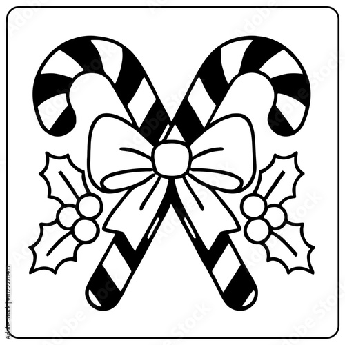 Black and white illustration of crossed candy canes with a bow and holly berries decoration design